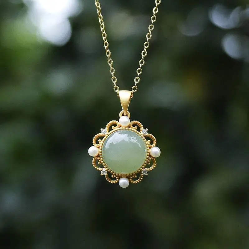 

Flower Mirror Sterling Natural Hetian Jade Green Jade Pendant 925 Sterling Silver round Jade Vintage Engraving Inlaid Necklace