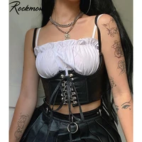 rockmore gothic pu leather corset women lace up crop top punk style corselet wear out bustiers cummerbunds tops streetwear mujer