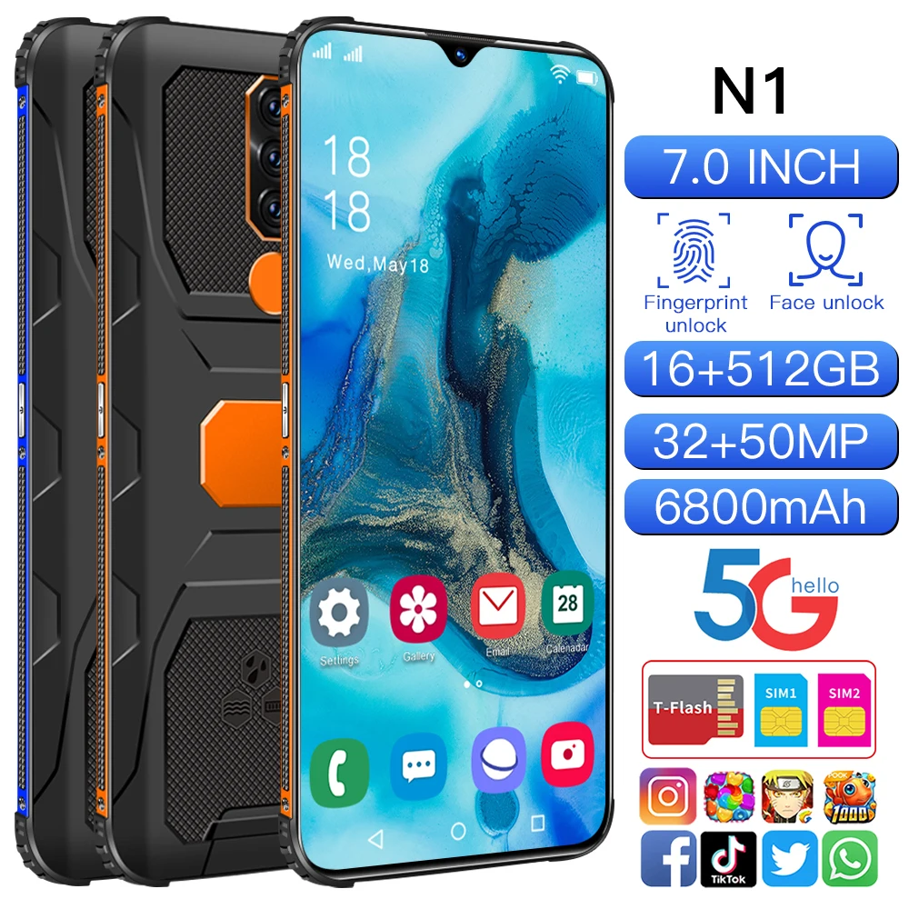 

Bison N1 7.0 Inch 16GB+512GB 32MP+50MP 6800mAh Battery Phone 2021 Newest Hot Selling Android 11 Camera Unlocked Face CellPhone