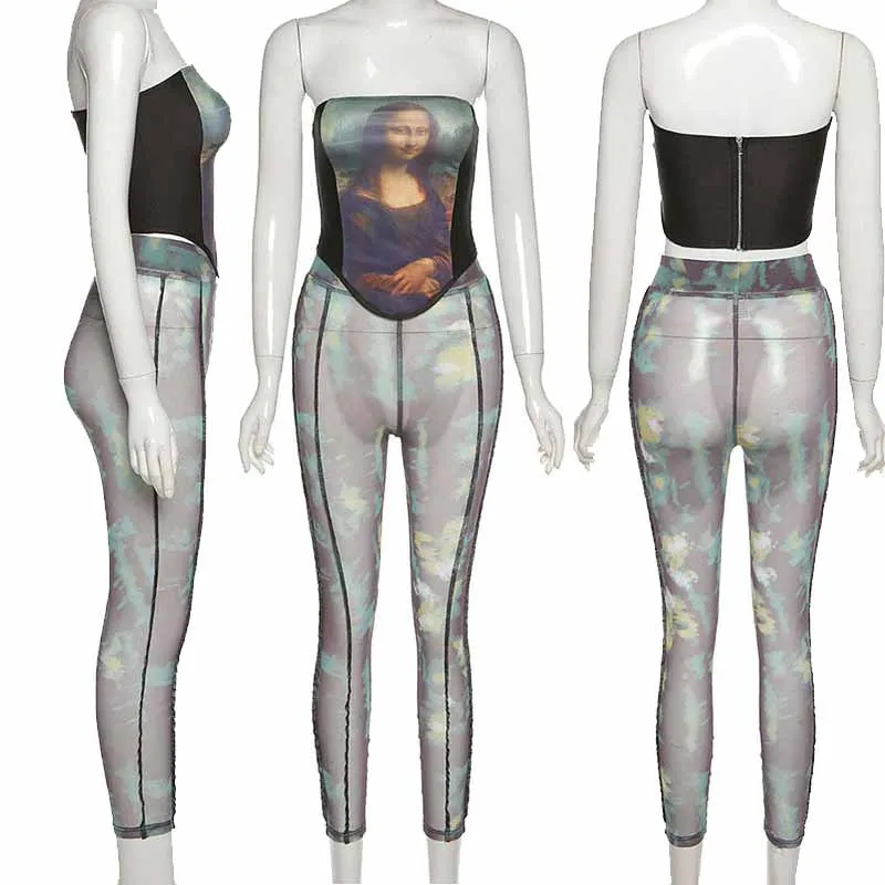 

Camouflage Print Two Piece Set Women Strapless Crop Top and Pants Set Streetwear Bodycon Sexy Outfits for Women Winter Clothes