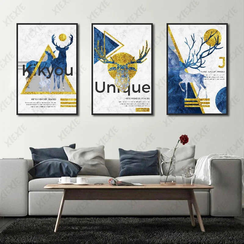 

Abstract Nordic Wall Art Golden Line Different Shapes Deer Posters and Prints Canvas Painting Living Room Bedroom Decoration