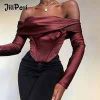 jillperi satin off shoulder draped corset crop top long sleeve wine sexy shirt party club wear bustier tops