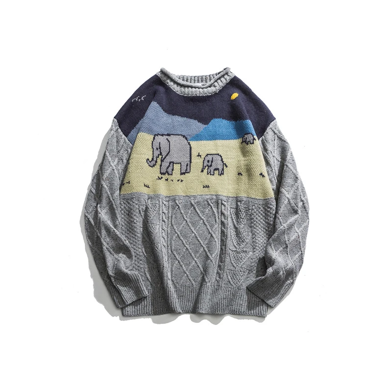 Японский Харадзюку кабель вязать слон Графический свитер для мужчин и женщин
