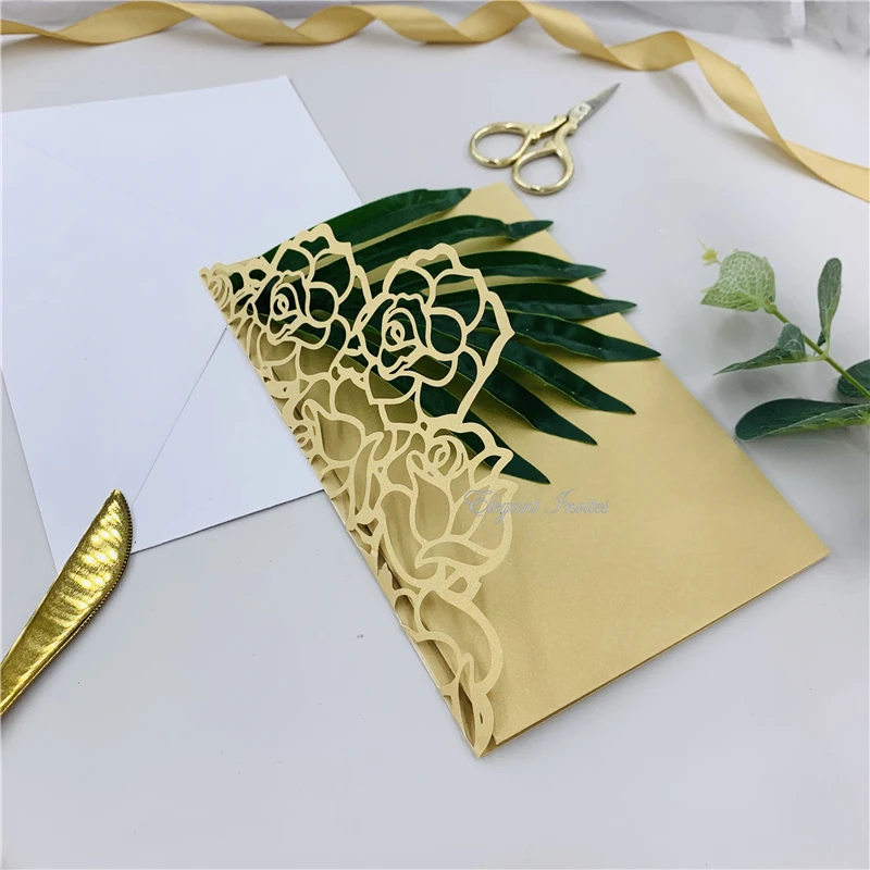 

Special Gold Tri-fold Laser Cut Wedding Invitations With RSVP Card & Belly Band, Laser Invites For Weddings&Event