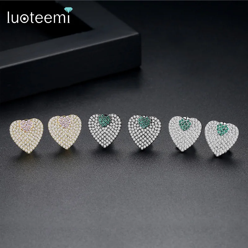 

LUOTEEMI Trendy Big Heart Stud Earrings for Women Gold Color Studs Fashion Girls Jewelry Multicolor Crystal Gift For Friends