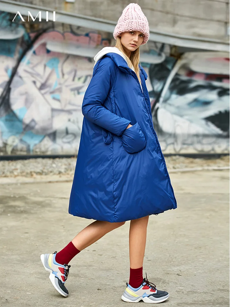 Amii Winter Fashion 90% White Duck Down Jacket Elegant Warm Solid Lapel Loose Mid-Length Coat 11840273 | Женская одежда