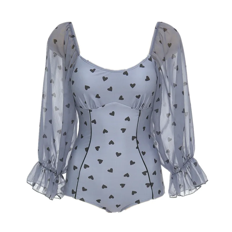 

Swimsuit One Piece Monokini For Girl Swimwear With Push Up Women's New Long Sleeve Women Bubble Retro French Bathing Suit