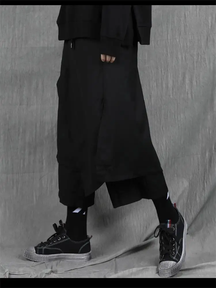 

Men's False Two-Layer Trouser Skirt Spring And Autumn New Solid Color Elastic Waist Irregular Asymmetric Wide-Leg Trouser Skirt