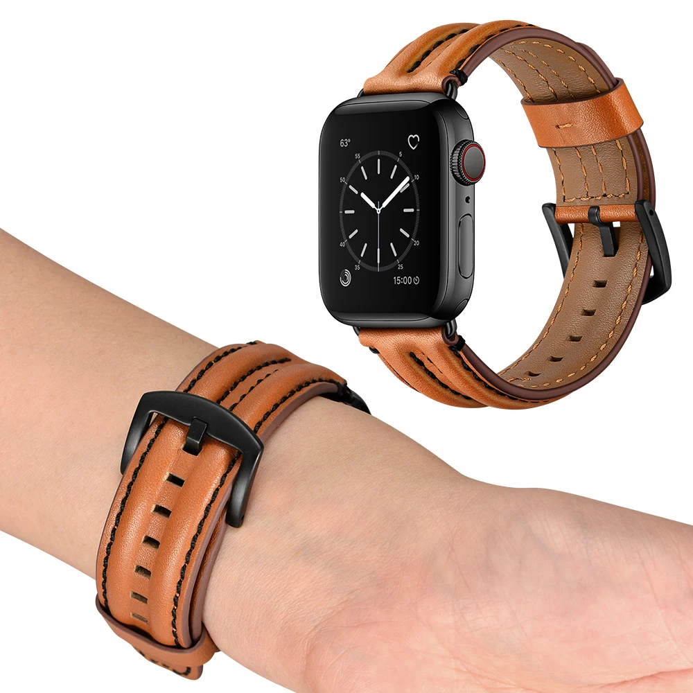 Genuine Leather strap for Apple Watch Band 44mm 40mm 42mm 38mm Double keel watchband belt bracelet iWatch serie 5 4 3 se 6 7