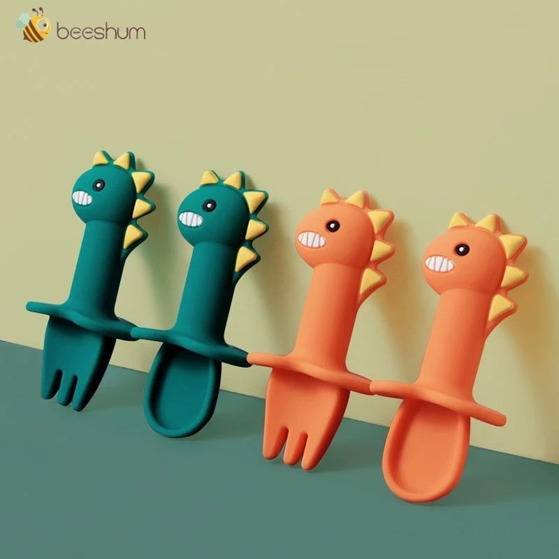 

Beeshum Children Tableware Baby Spoon Fork Set 2Pcs Silicone Feeding Spoon Kids Cutlery Cartoon Dinosaur Short Handle Teether