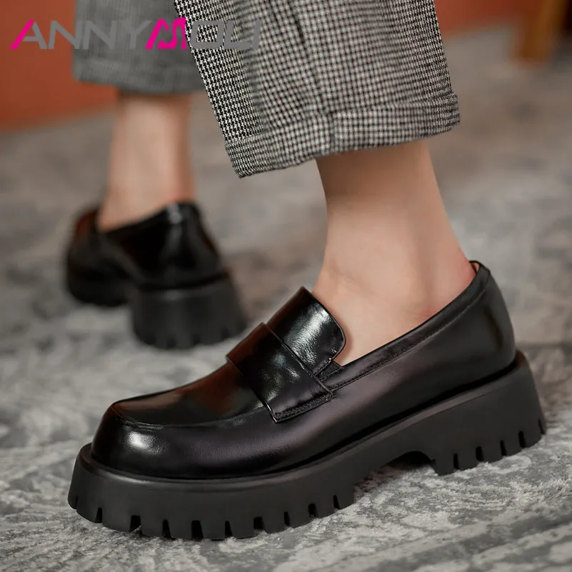 

Туфли-Лоферы ANNYMOLI женские из натуральной кожи, туфли на среднем каблуке, круглый носок, блочный каблук, без застежки, черные, размер 40