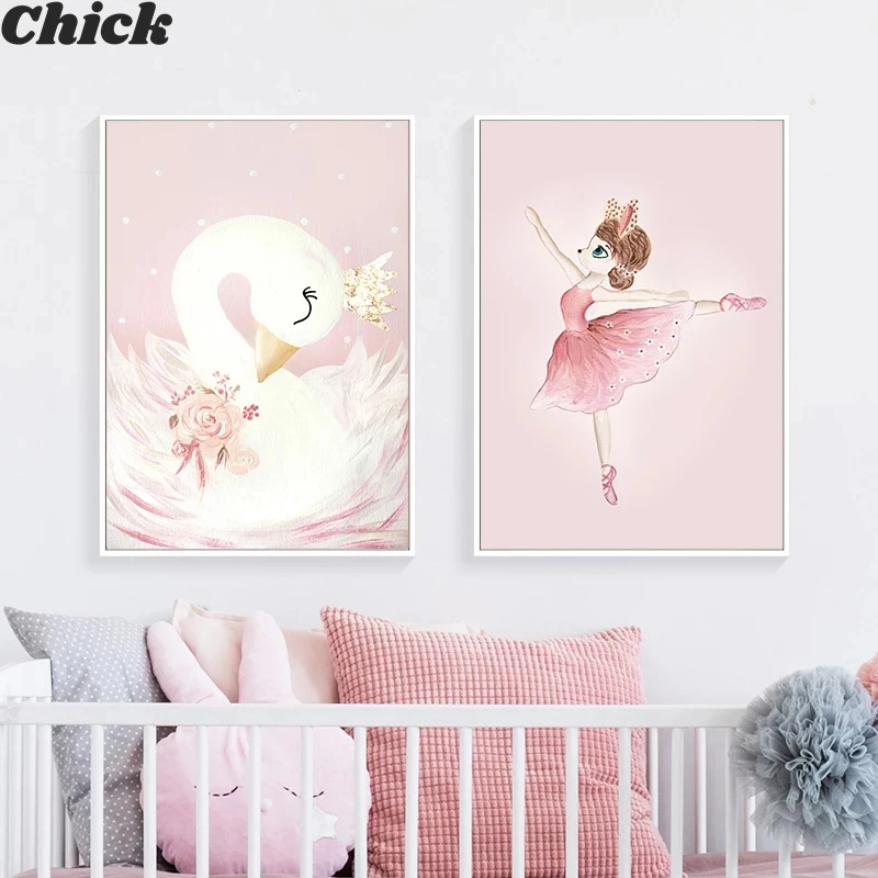 

Pink Nursery Girl Flower Wall Art Canvas Painting Horse Swan Nordic Posters And Prints Wall Pictures For Living Room Kids Room