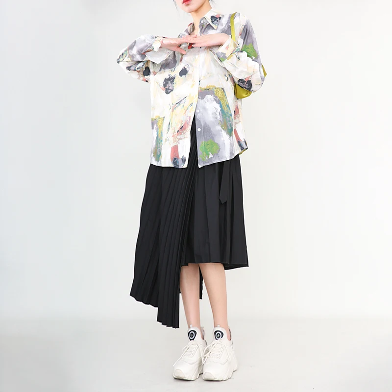 

[EAM] Women Big Size Vintage Printed Blouse New Lapel Long Sleeve Loose Fit Shirt Fashion Tide Spring Autumn 2021 1DD0624