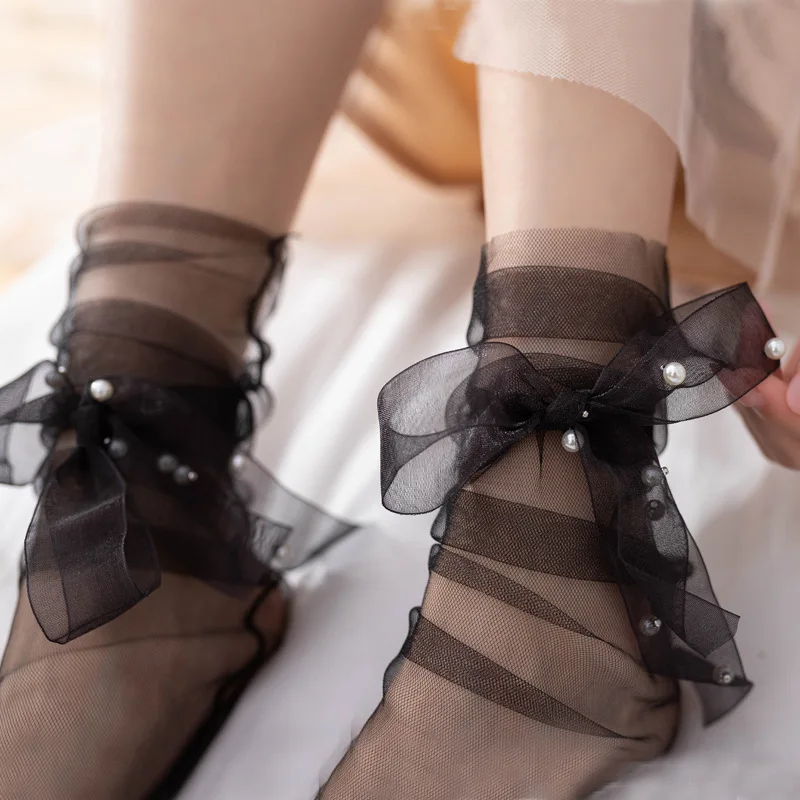 

Summer Ultra-thin Tulle Socks Women Transparent Pearls Long Socks Female Chiffon Lace Up Funny Socks Streetwear Calcetines Mujer