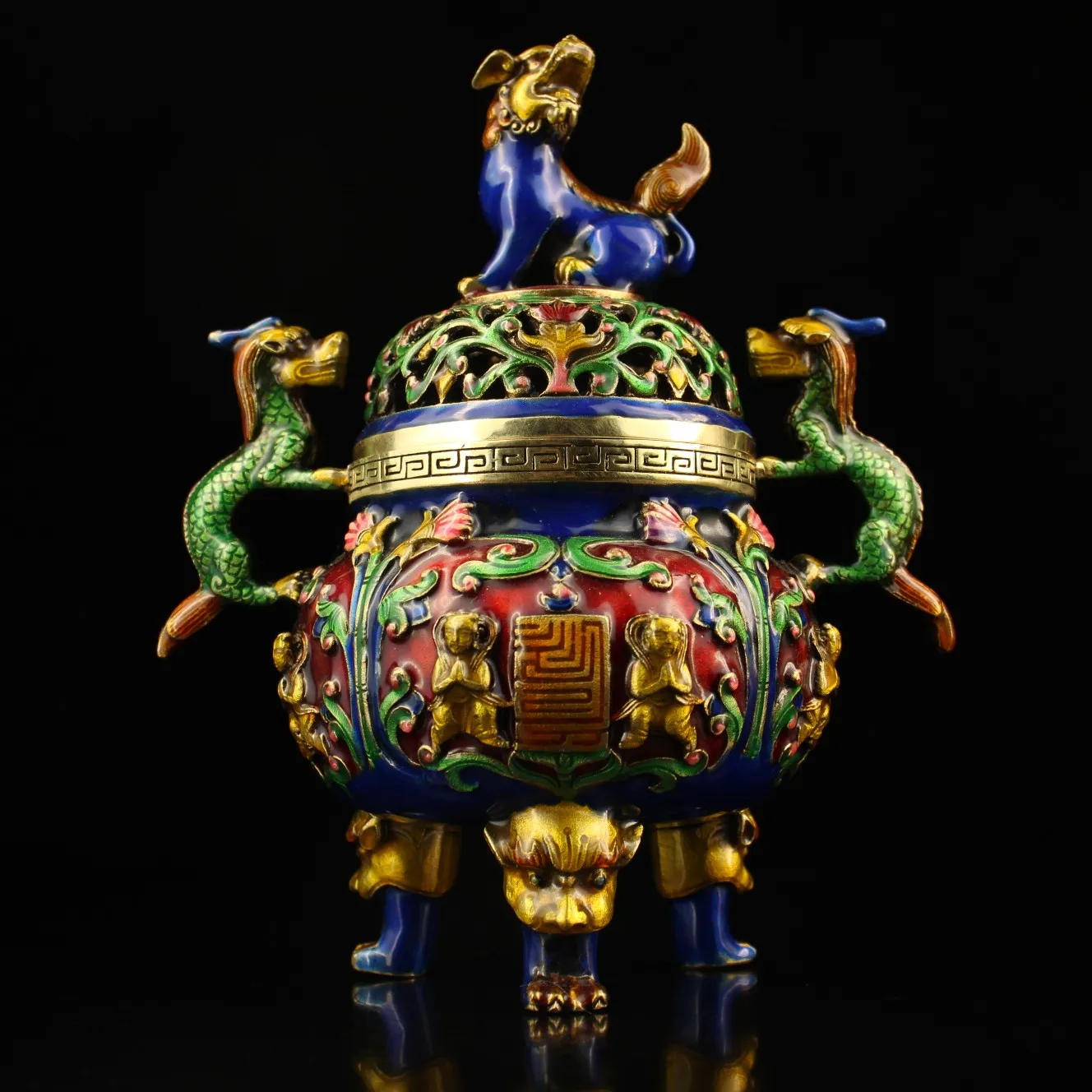 

Chinese Folk Collection Old Bronze Cloisonne Enamel Lion statue Dragon Binaural Three-legged incense burner Ornaments Town House