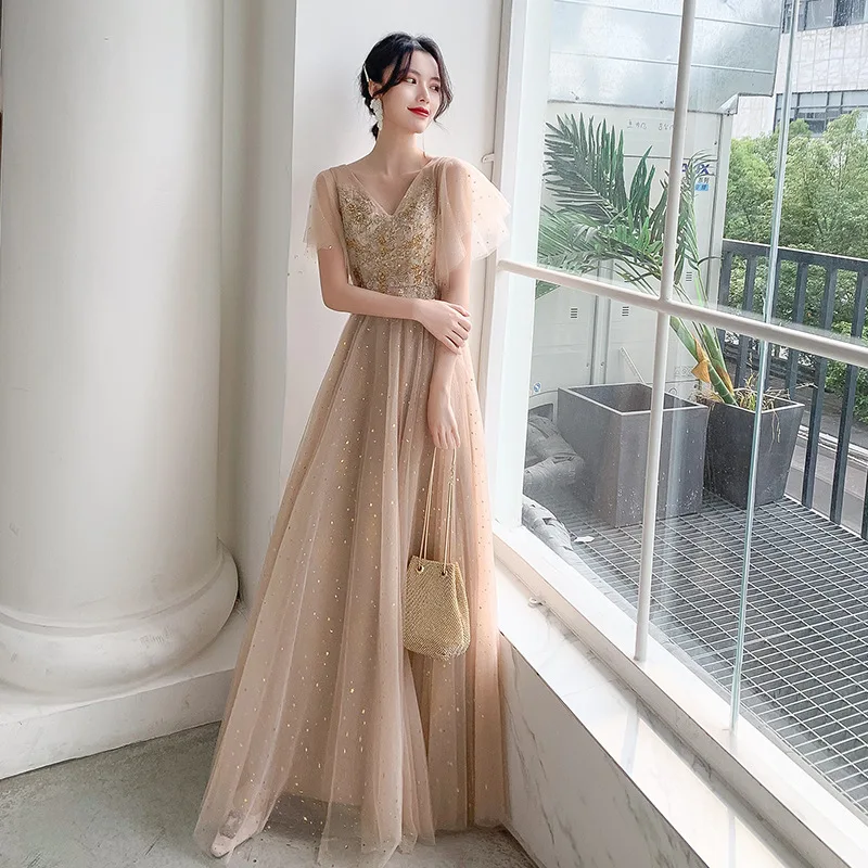 

Хаки изысканный с аппликацией из блесток, Накладка для торжеств платье для женщин милые длинные сетки плиссированные платья Элегантный v-об...