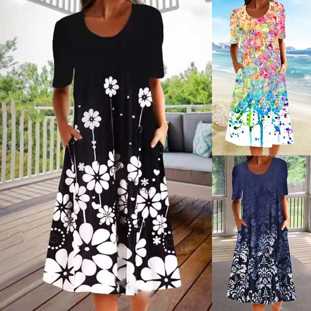 

Contrast Color Floral Midi Dresses Women Pockets O-Neck Short Sleeve Plus Size Dress Fashion Vintage Casual Dress Vestido D30