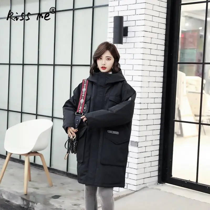 Повседневное свободное Стильное женское зимнее пуховое пальто однотонное