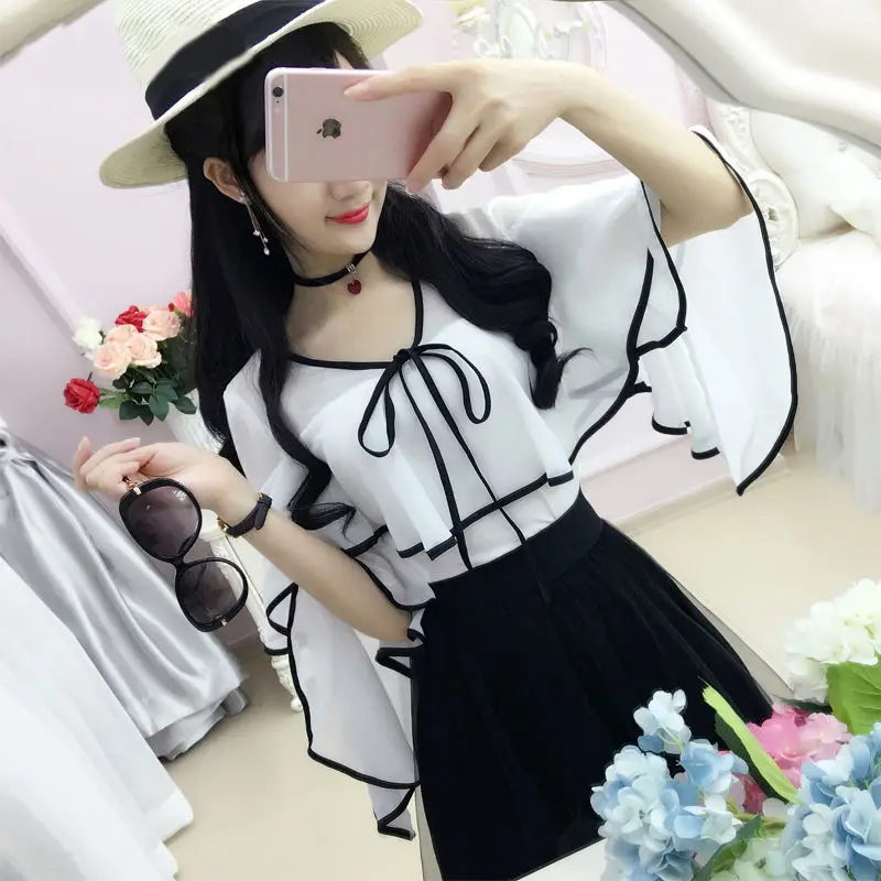 

Korean Fashion Clothing 2021 Elegant Office Ruffles Tops Ladies Shirts Women's Casual Pullovers Bow Lace Up Chiffon White Blouse
