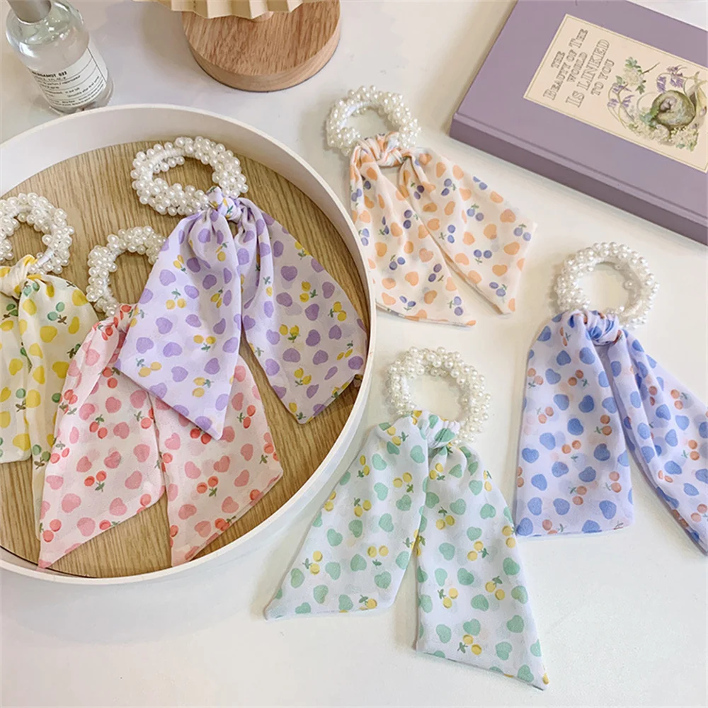 

Pearl Women Hair Bands Flower Hair Scrunchies Streamer Ponytail Holder Hair Ties Retro Rubber Bands Sweet Cute Hair Accessories