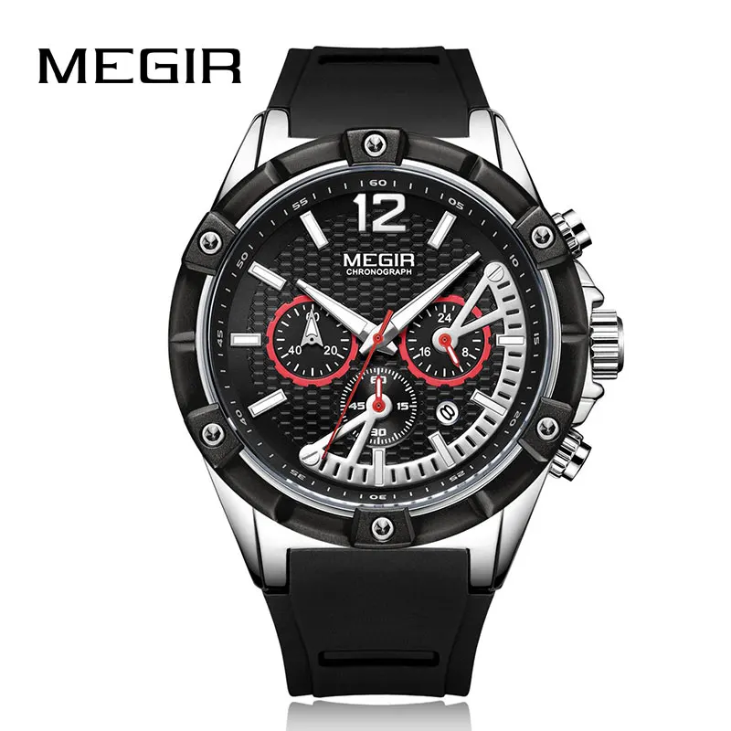 Black Silver MEGIR Новые спортивные мужские часы с хронографом, Силиконовые кварцевые часы для мужчин, студенческие армейские военные наручные часы, мужские часы - Цвет: Black Silver