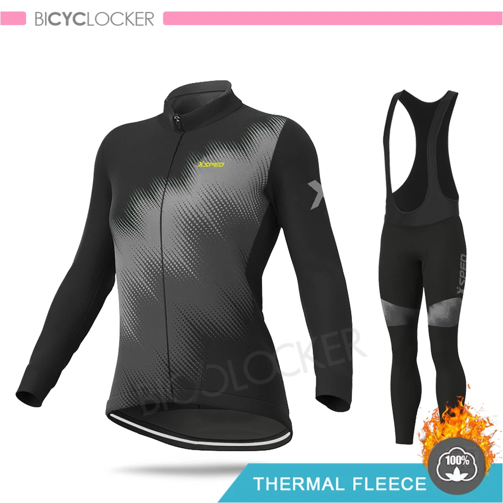 Bib Cycling Set Куртка женская зимняя одежда для велоспорта, комплект из Джерси с длинным рукавом для шоссейного велосипеда, Теплая Флисовая одежда для женщин, костюмы для верховой езды - Color: Bib Cycling Set