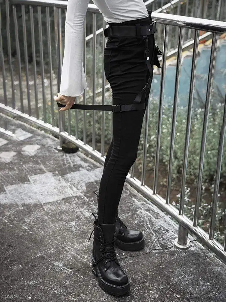 Панк рейв женские готические с высокой талией ремни узкие джинсы PK-321 | Женская