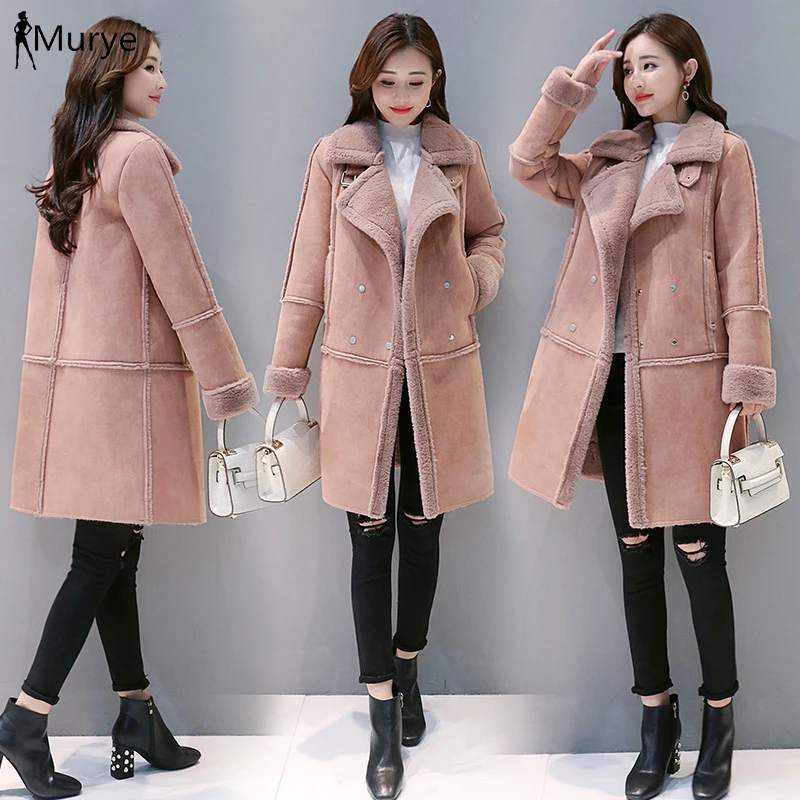 Pink Зимнее женское пальто из овчины, пальто с мехом ягненка, кожаная куртка, верхняя одежда, Длинная утепленная зимняя одежда с карманами и отложным воротником, женская одежда - Цвет: Pink