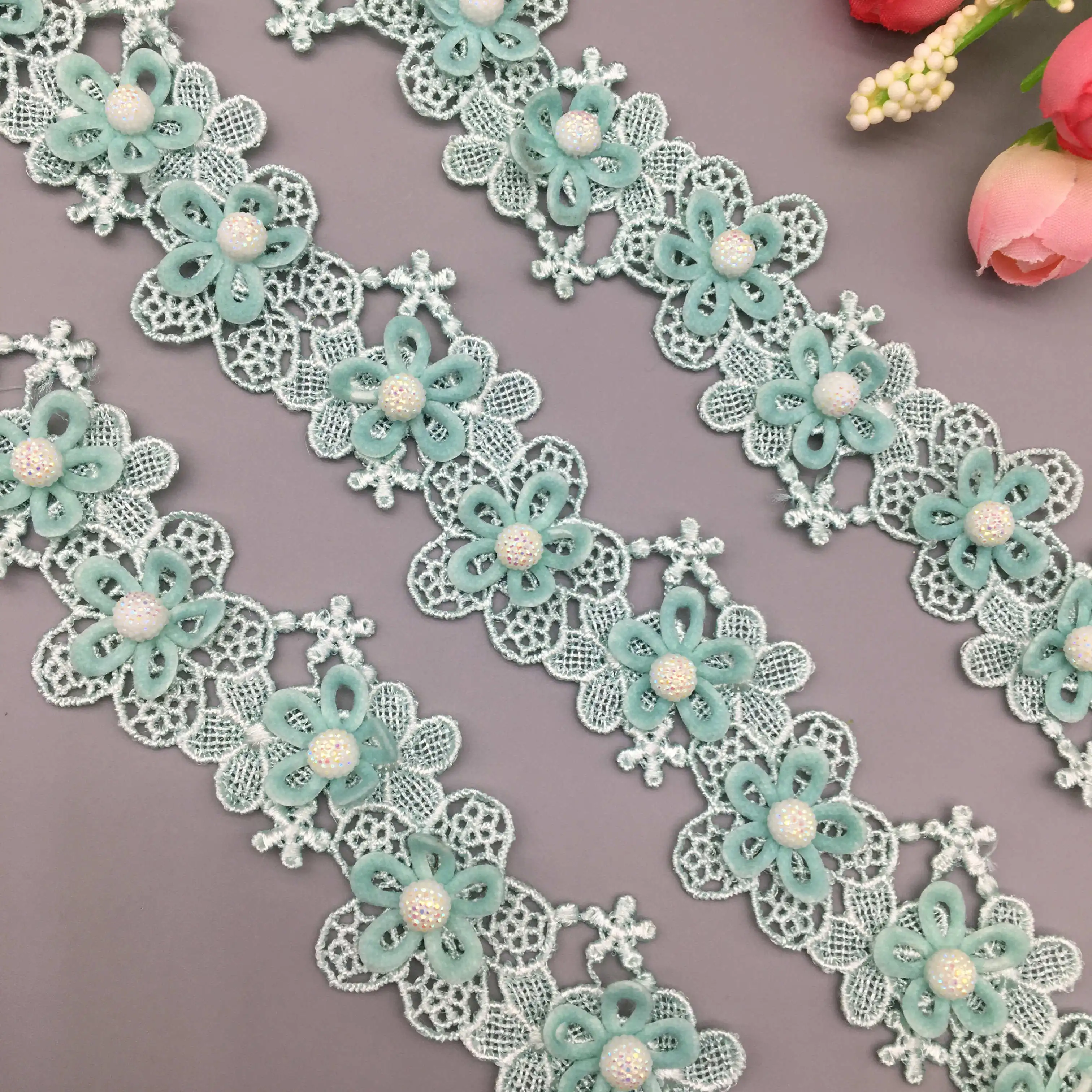 2 ярда Зеленая жемчужина бисером полиэстер цветок кружевная отделка Лента