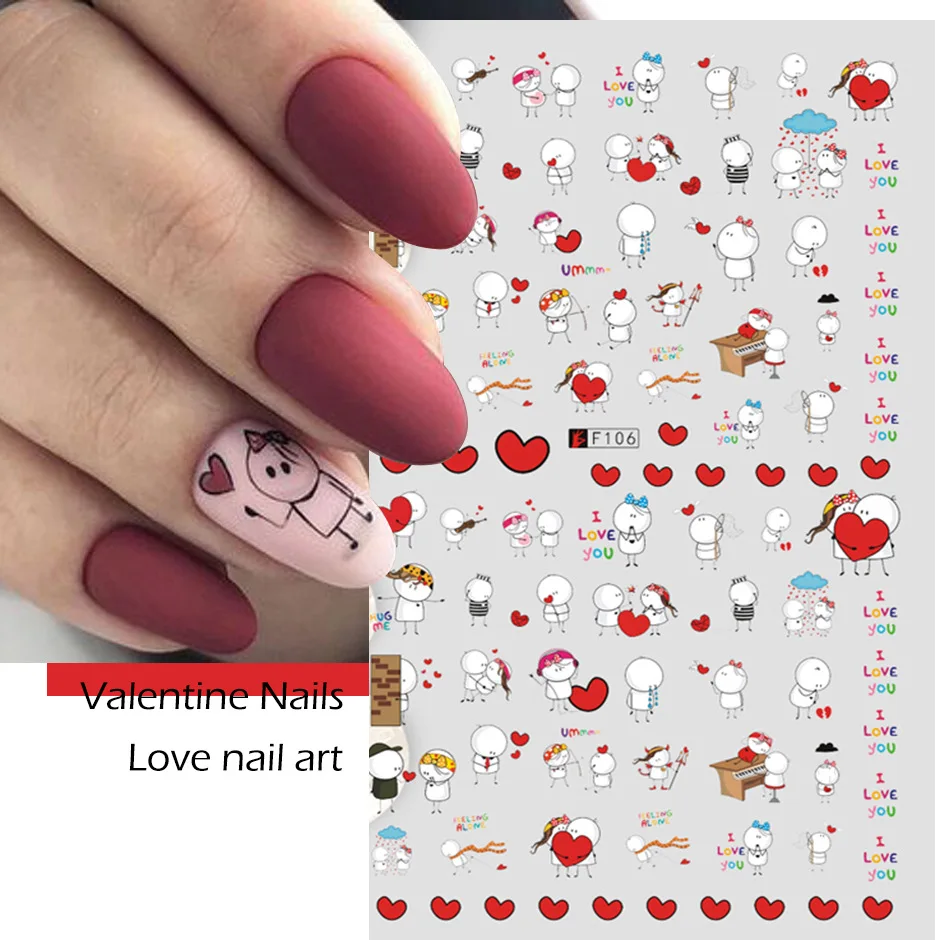 

2021 New 3D Valentines Nail Stickers Decals Cartoon Love Red Heart Letter Sliders Designs for Nails Manicure Decor Accessories