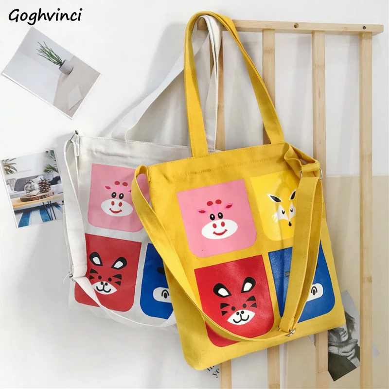 

Shopping Bags Women Cartoon Printed Canvas Tote Zipper Large Capacity Students Preppy Ins Shopper Bag Korean Style Harajuku New