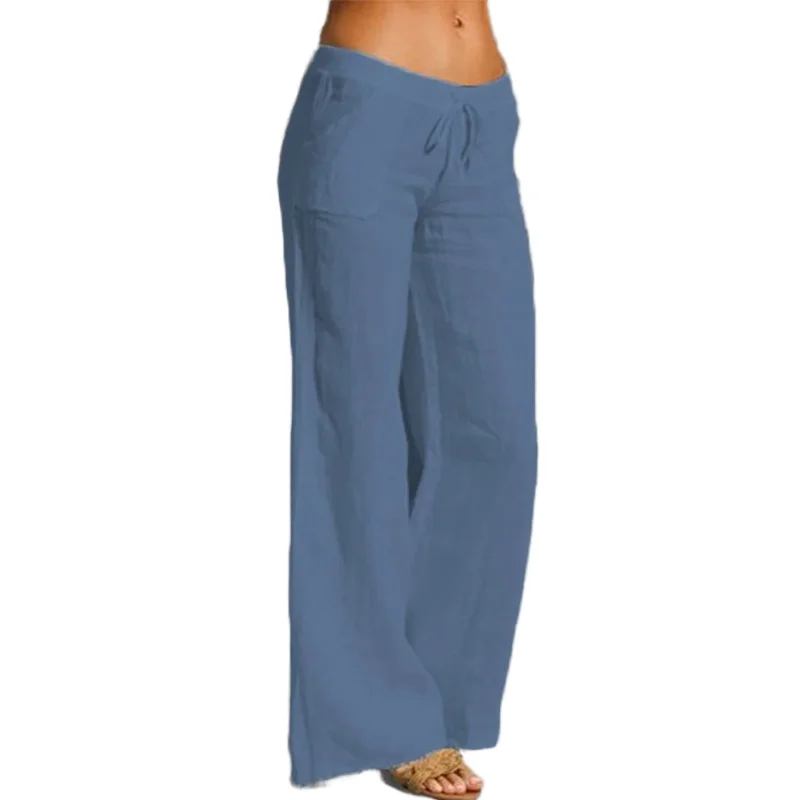 

2021 Fashion Summer Casual Trousers EA Female Loose Female Elegant High Waist Pant Women Linen Clothes Maxi Wide Leg Solid Pants