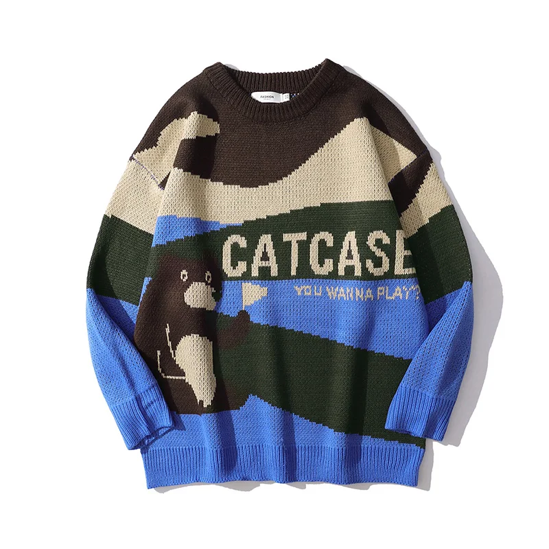 

Color Match Letter Print Crew Neck Retro Casual Autumn Sweaters Mens and Womens Hip Hop Pullover Knit Oversize Loose Tops