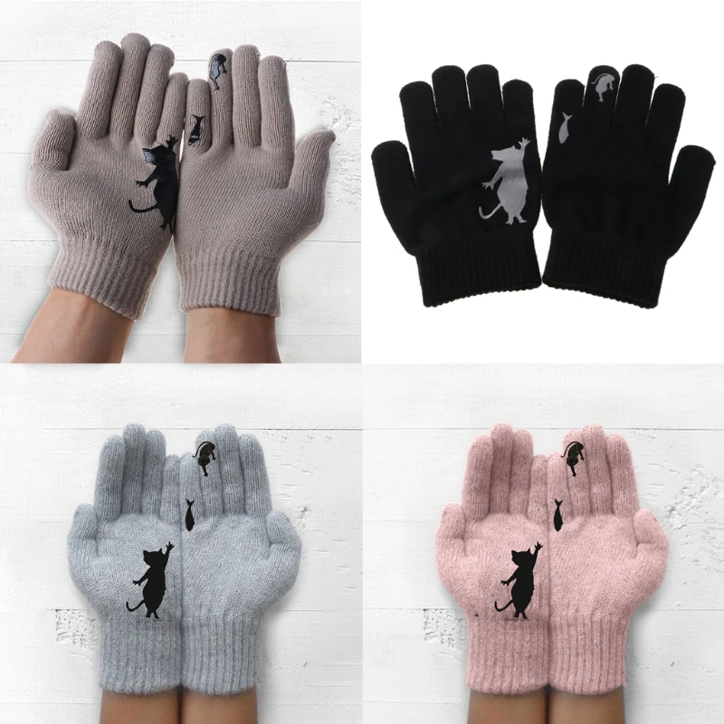 

Womens Winter Thicken Warm Knitted Full Fingered Gloves Funny Cartoon Cat Catch Fish Irregular Patchwork Palm Mittens