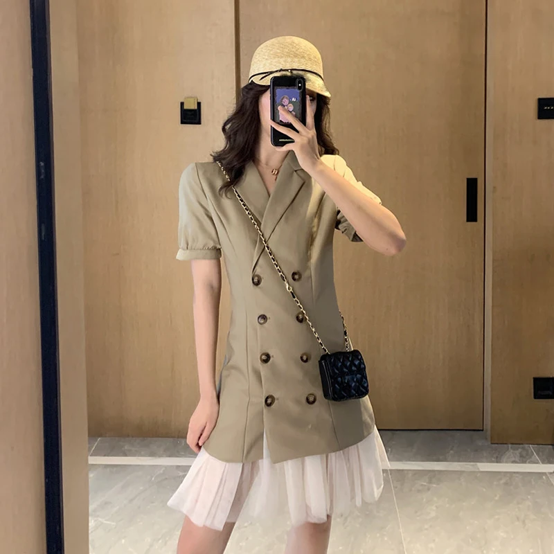Новый Модный летний элегантный Блейзер платье с высокой талией корейское