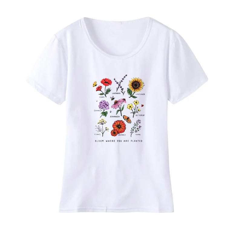 Женская Эстетическая Футболка Harajuku Camiseta Mujer с цветочным принтом Kawaii растительные