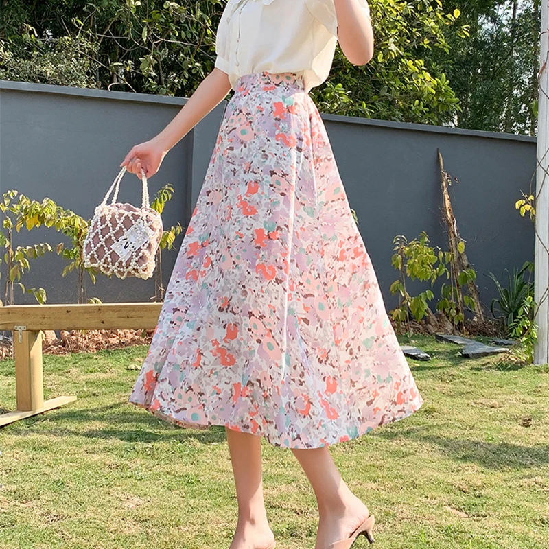 

Skirt Women Summer New Fashion Floral Appliques Mid-Calf Skirts Female High Waist A Line Slim Thin Prairie Chic Midi Skirt Femme