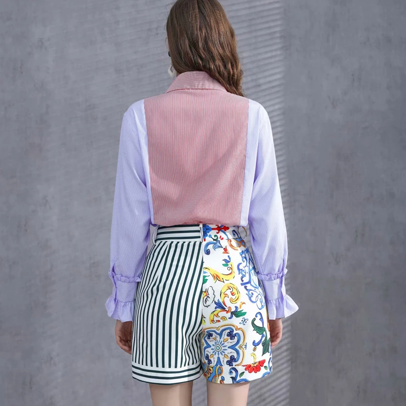 

2021 SPRING POINT COLLAR RUFFLE STRIPED TOP & PRINT SHORTS SET