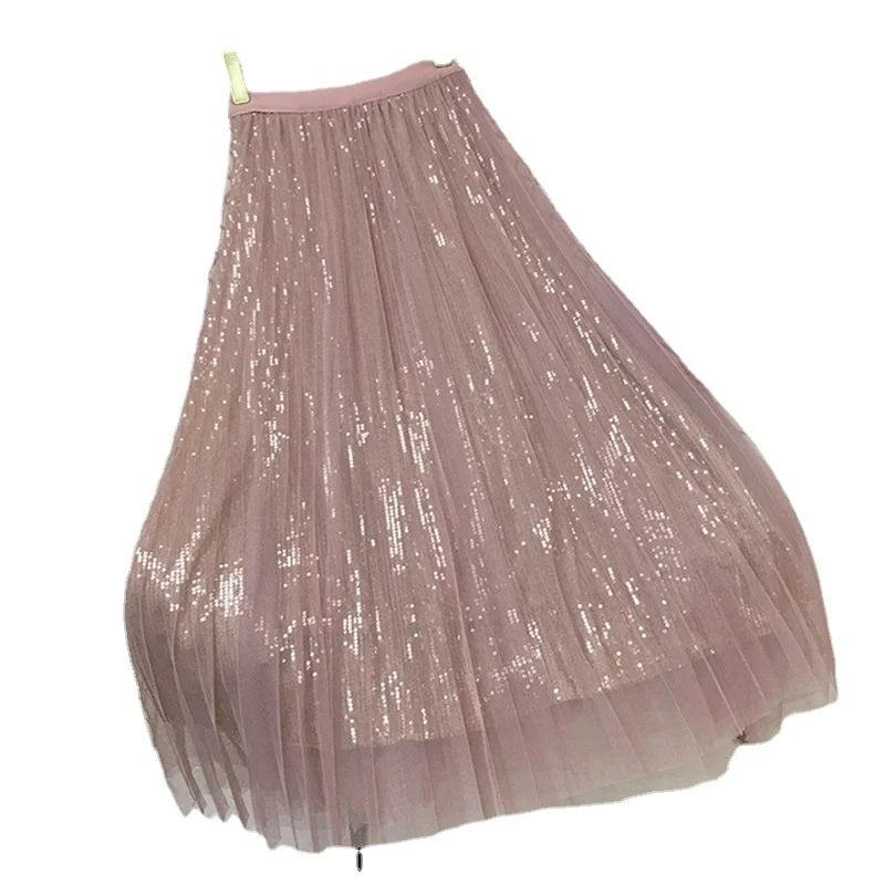 

Saias longas de tule e lantejoulas, femininas, coreanas, plissadas, linha, midi, chique, cintura alta