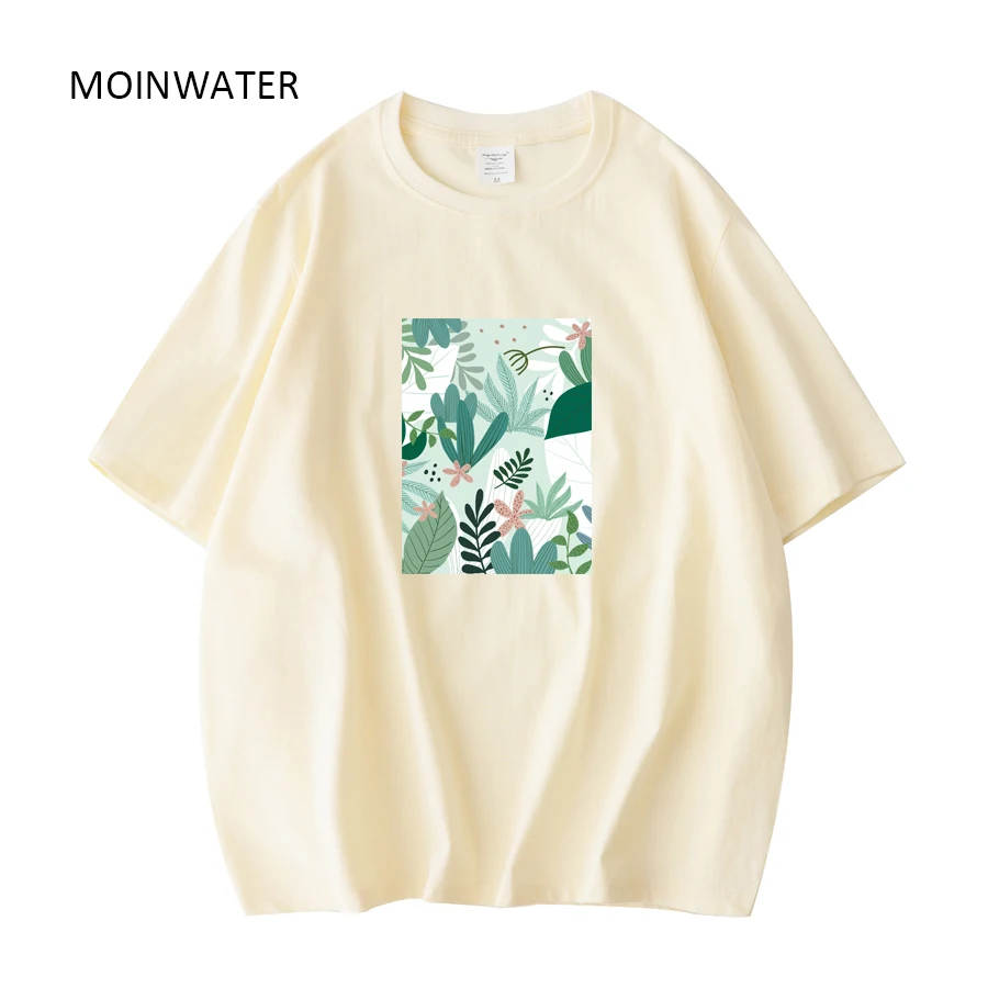 

MOINWATER Новые 2022 женские хлопковые футболки с короткими рукавами женские бежевые повседневные летние футболки с принтом белые розовые топы ...
