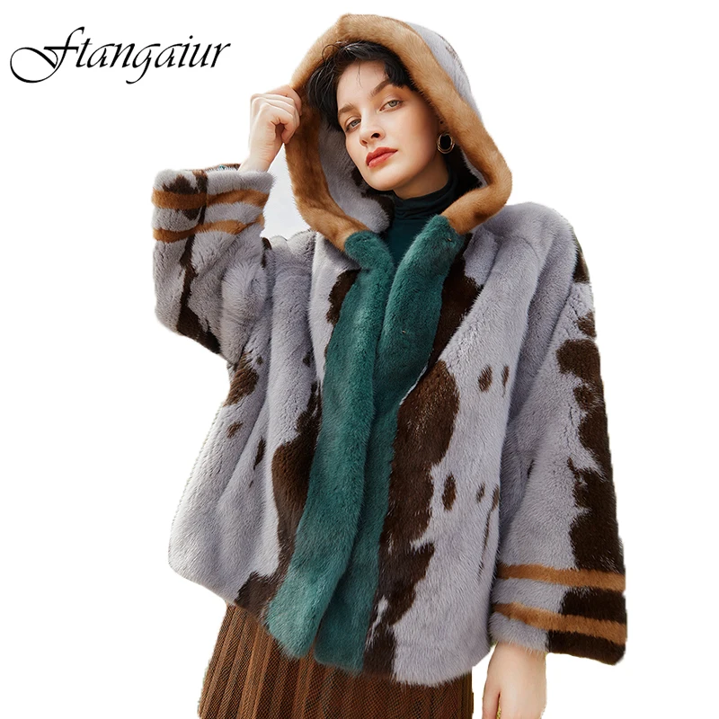 

Ftangaiur Winter Import Milk Cow Color Mink Fur Coat With Fur Hood Slim Mink Coat Women Short Natural Real Mink Fur Coats