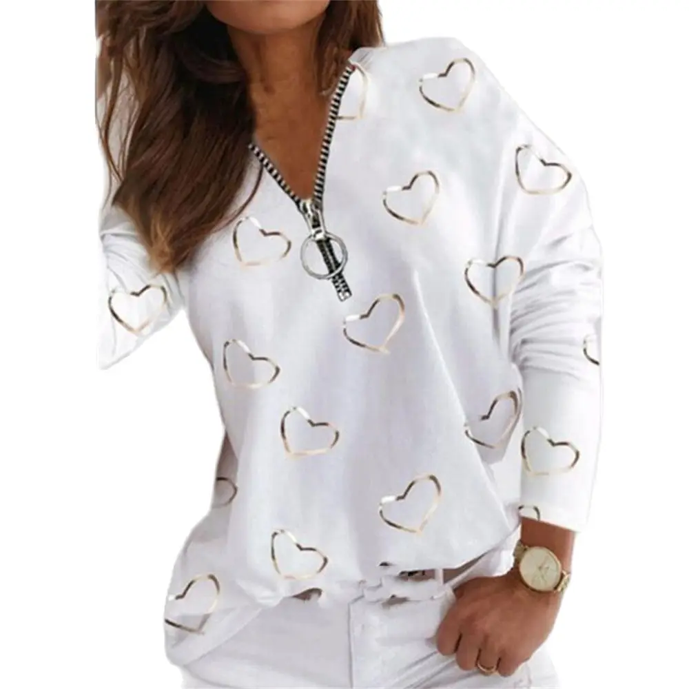 

Womens 2021 Autumn Fashion Love Heart Print V-Neck Zipper Long Sleeve T-Shirt Pullover Casual Loose Oversize Ladies Tops T Shirt