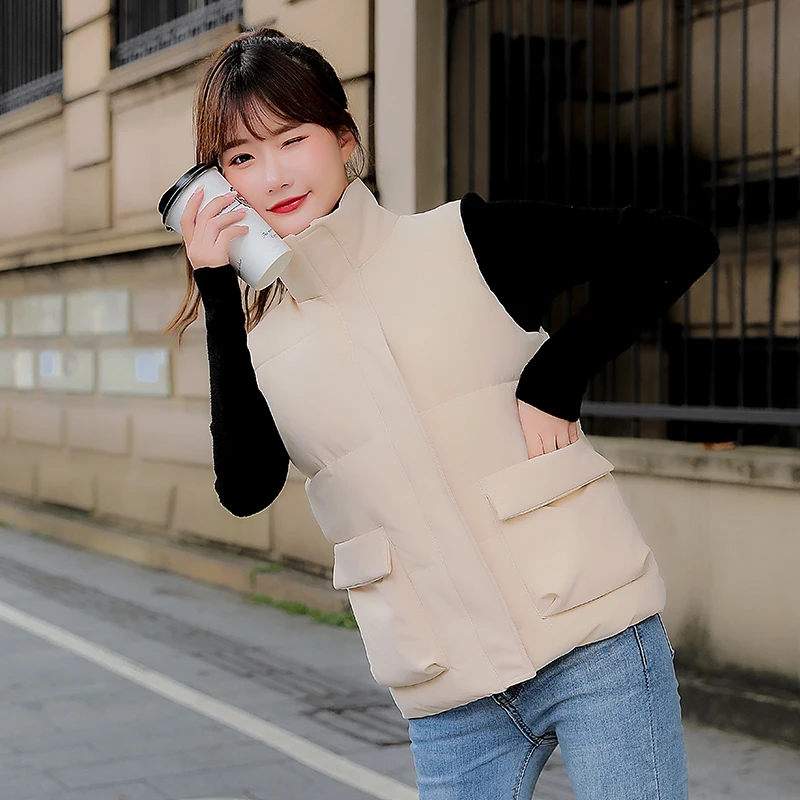 

Winter Vest Women Solid Stand Collar Zipper Big Pockets Ladies Casual Sleeveless Jackets Waistcoat for Female Fashion