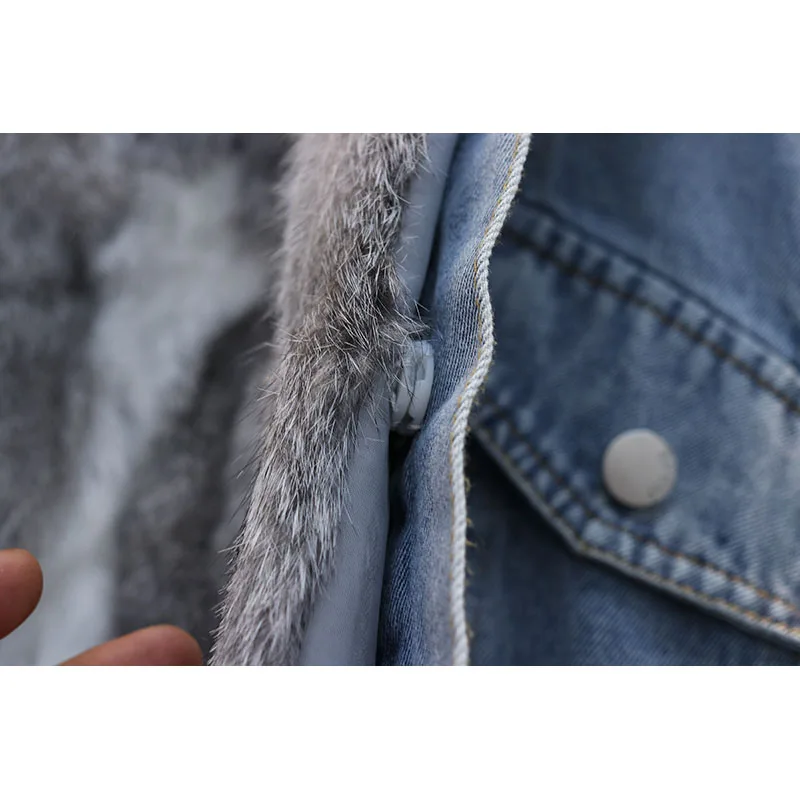 

Real Fox Fur Collar Removable Natural Rabbit Fur Liner Denim Jacket Women Korean Winter Thick Warm Loose Short Jeans Coat Female