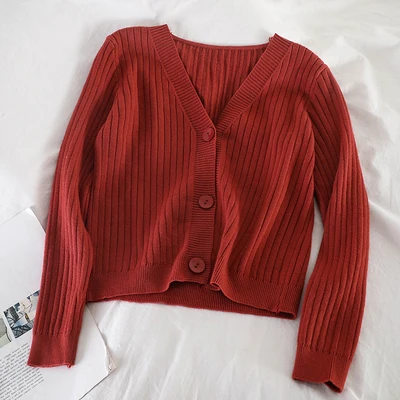 brick red Короткий кардиган женский с v-образным вырезом вязаный свитер пальто с длинным рукавом Топы однобортный с тремя пуговицами повседневные кардиганы - Цвет: brick red