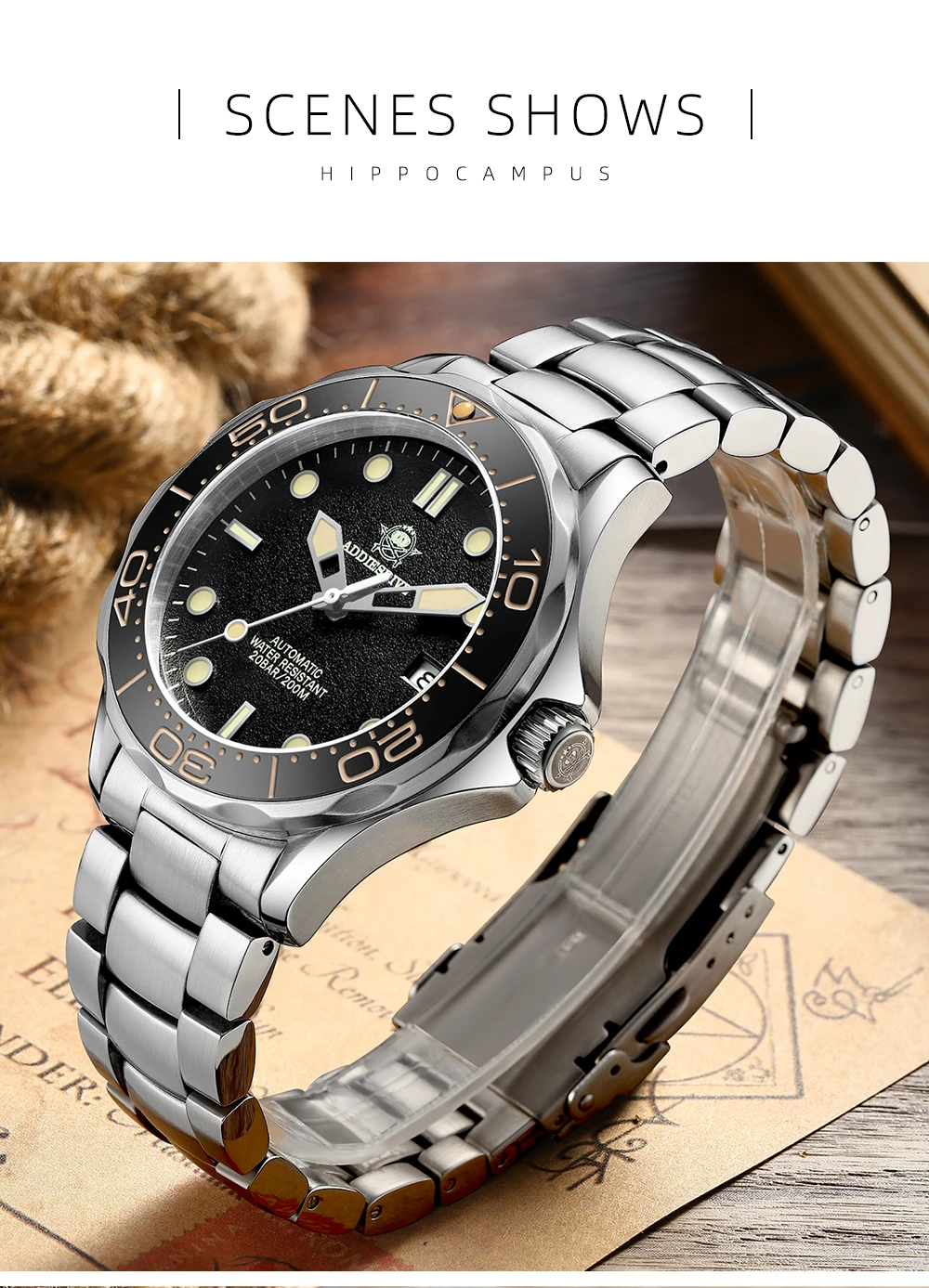 Мужские автоматические часы Addies AD2106 Seahorse NH35 Move мужские Ретро C3 светящийся сапфир