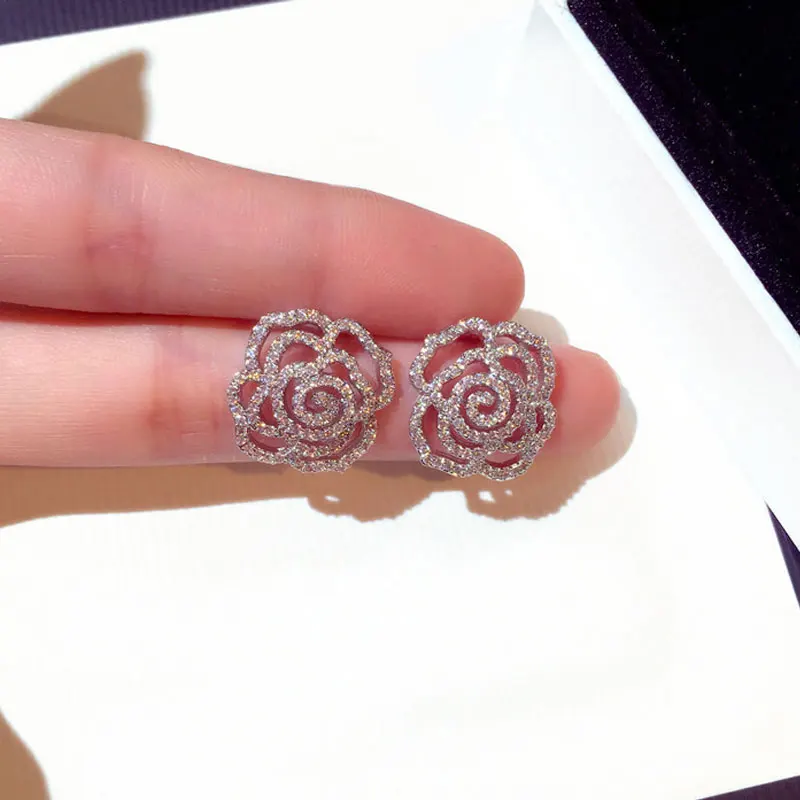 

Fashion Brand Pin Earring Elegant Full Crystal Flower Rose Earrings Women Quality Anti-Allergy Earring