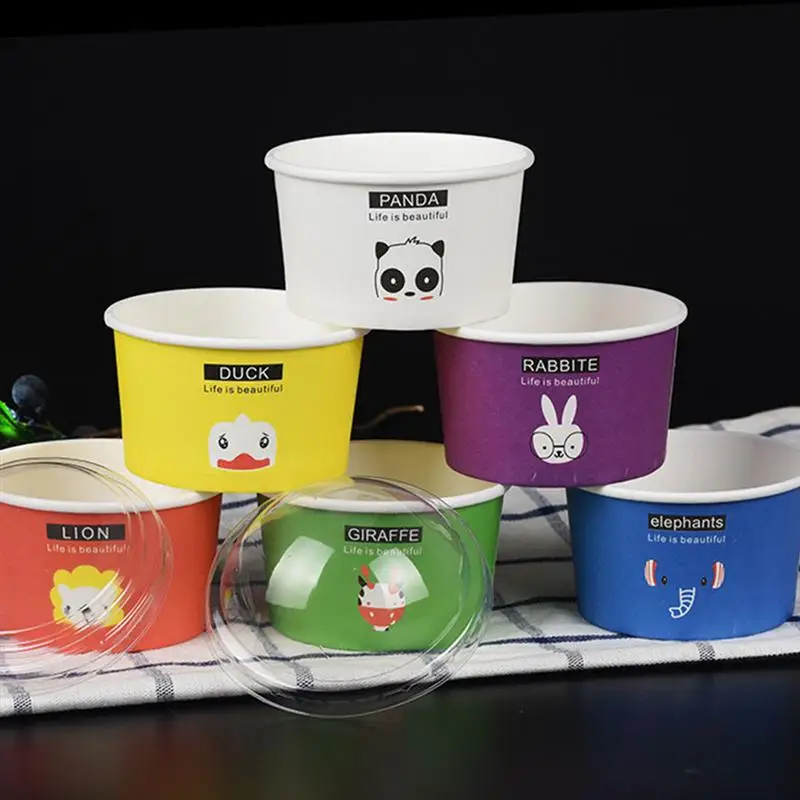 Одноразовые чашки с крышками 100 шт. 85/200 мл милая чашка для мороженого животными