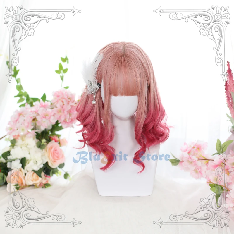 

Gradual Pink Lolita Wig Peach Harajuku Fairy Cosplay Bangs Curly Short Sweet Fringe Synthetic Hair for Adult Girls