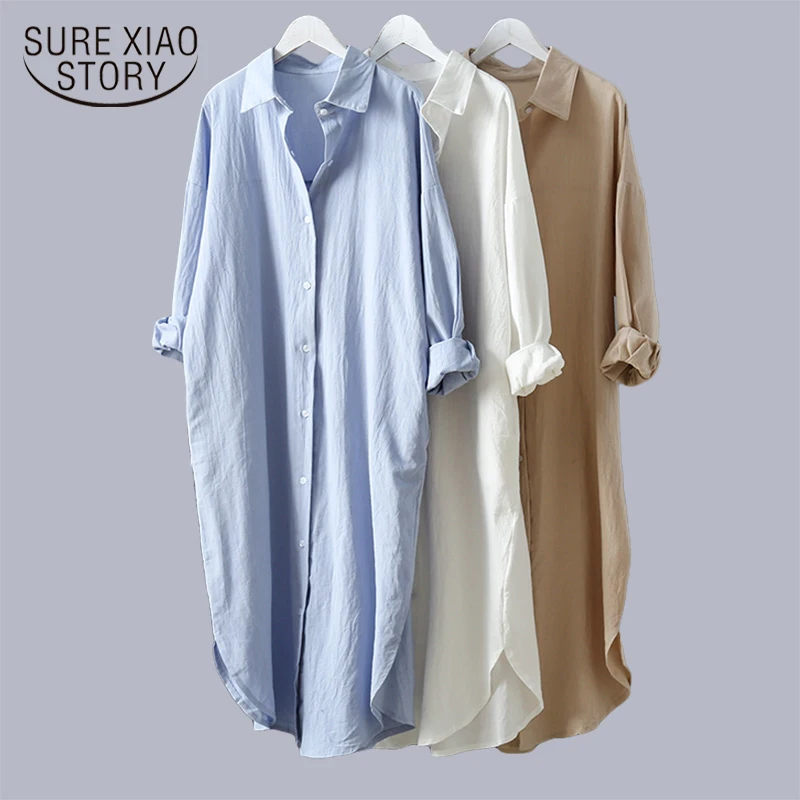 Новинка весна лето женские хлопковые блузки льняные повседневные белые/синие